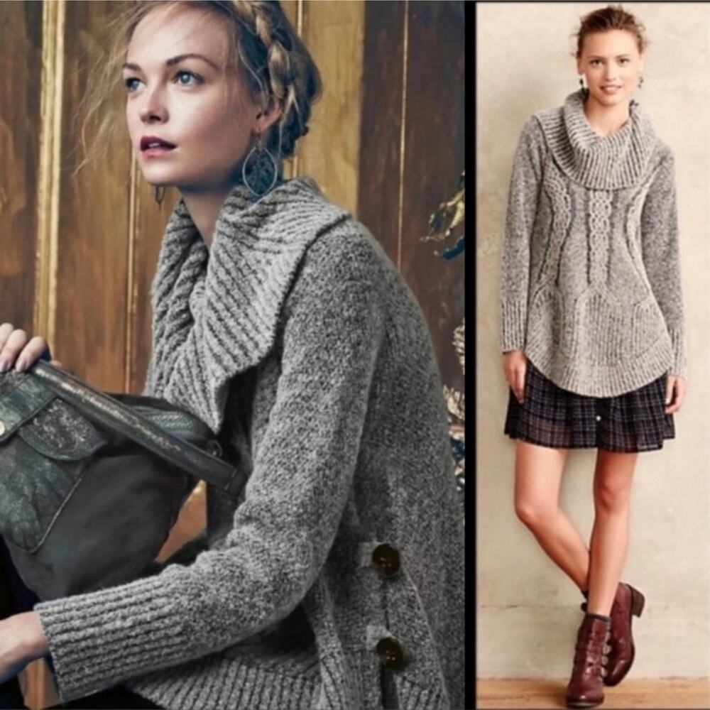 Anthropologie Angel of the North Grey Wool Blend Chunky Knit Cowl Neck Sweater